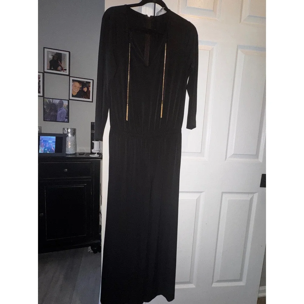 Michael Michael Kors Black Wide Leg Jumpsuit‎ Gold Chain Tassel V-Neck Medium